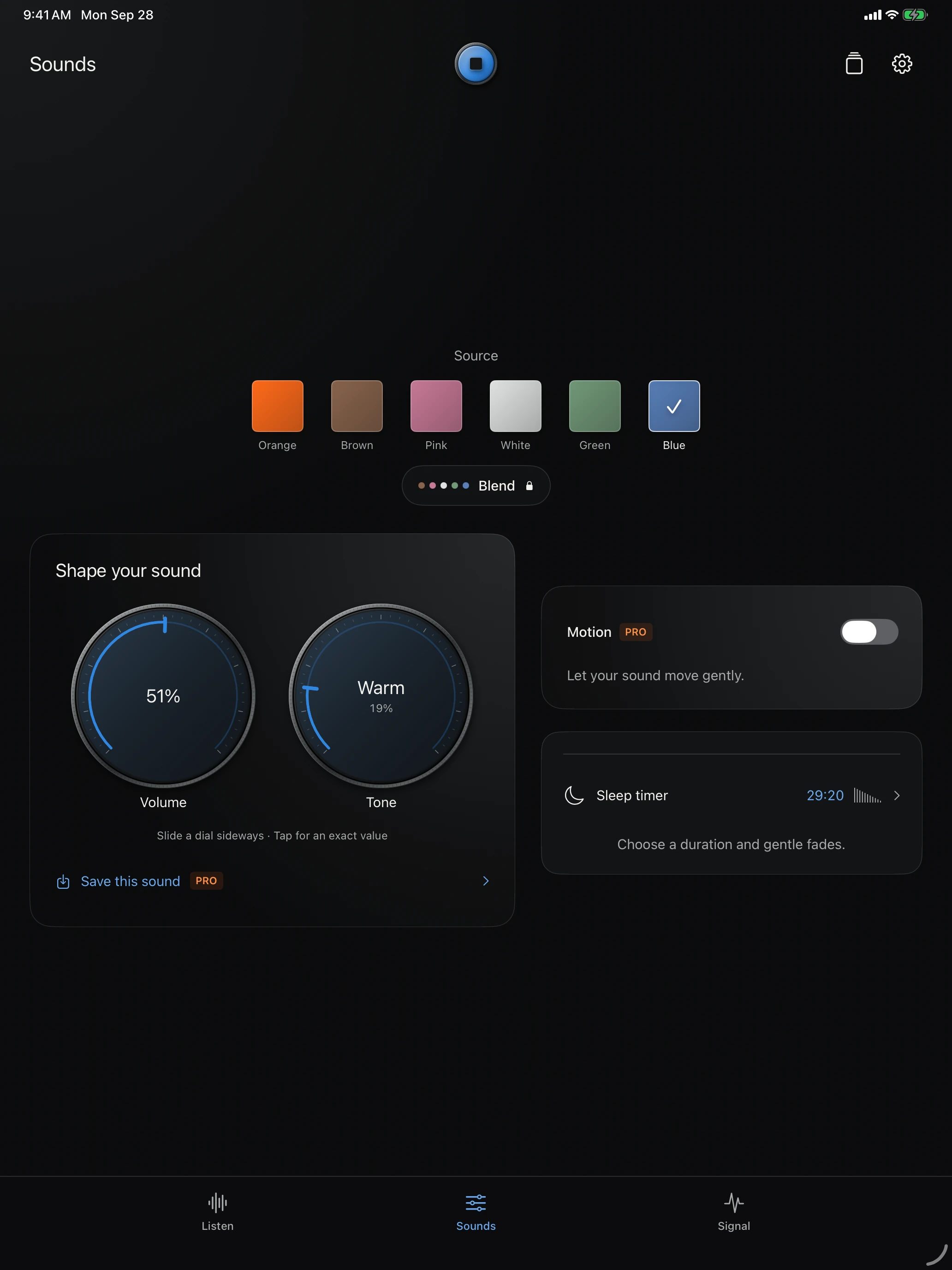 Blue noise and spacious sound controls on iPad