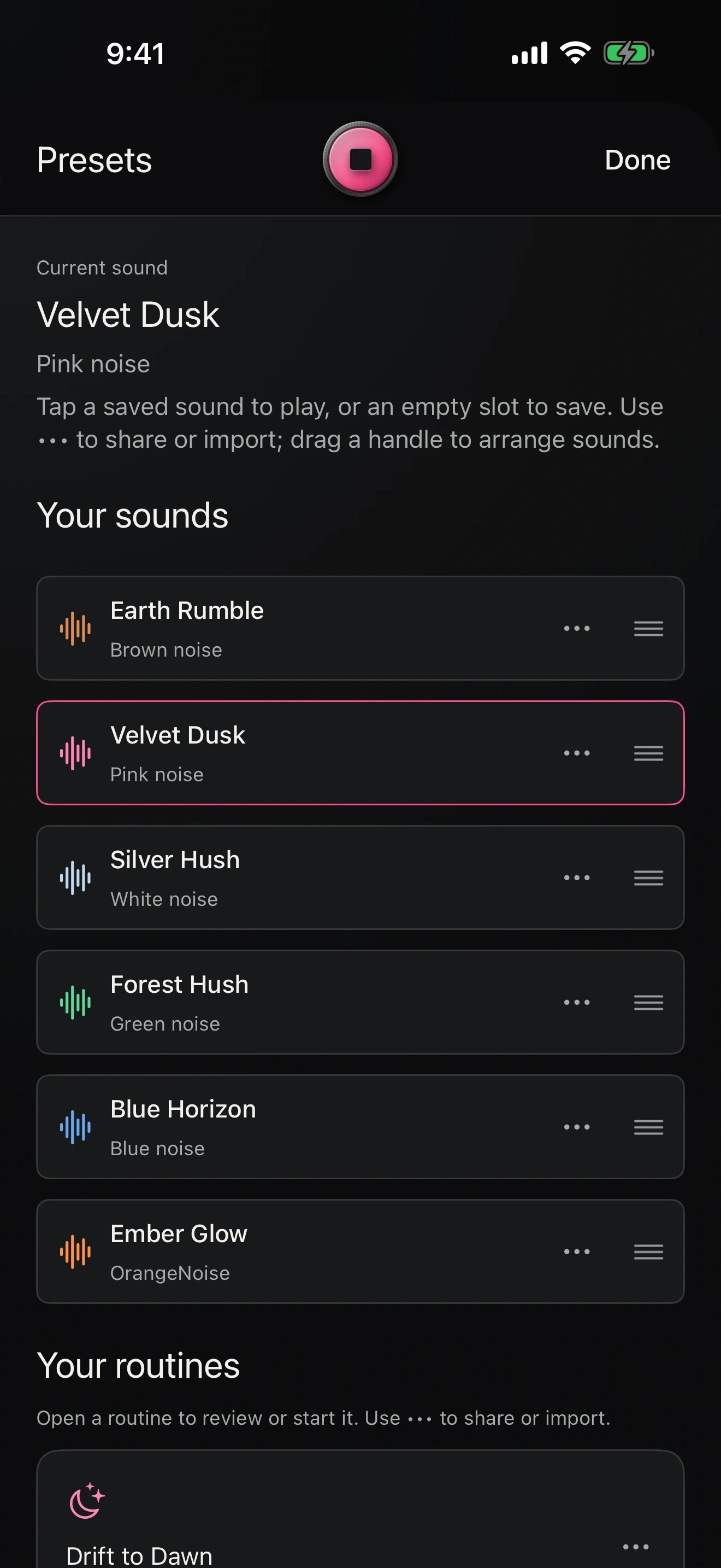 saved sound presets and the nightly routine section in Presets