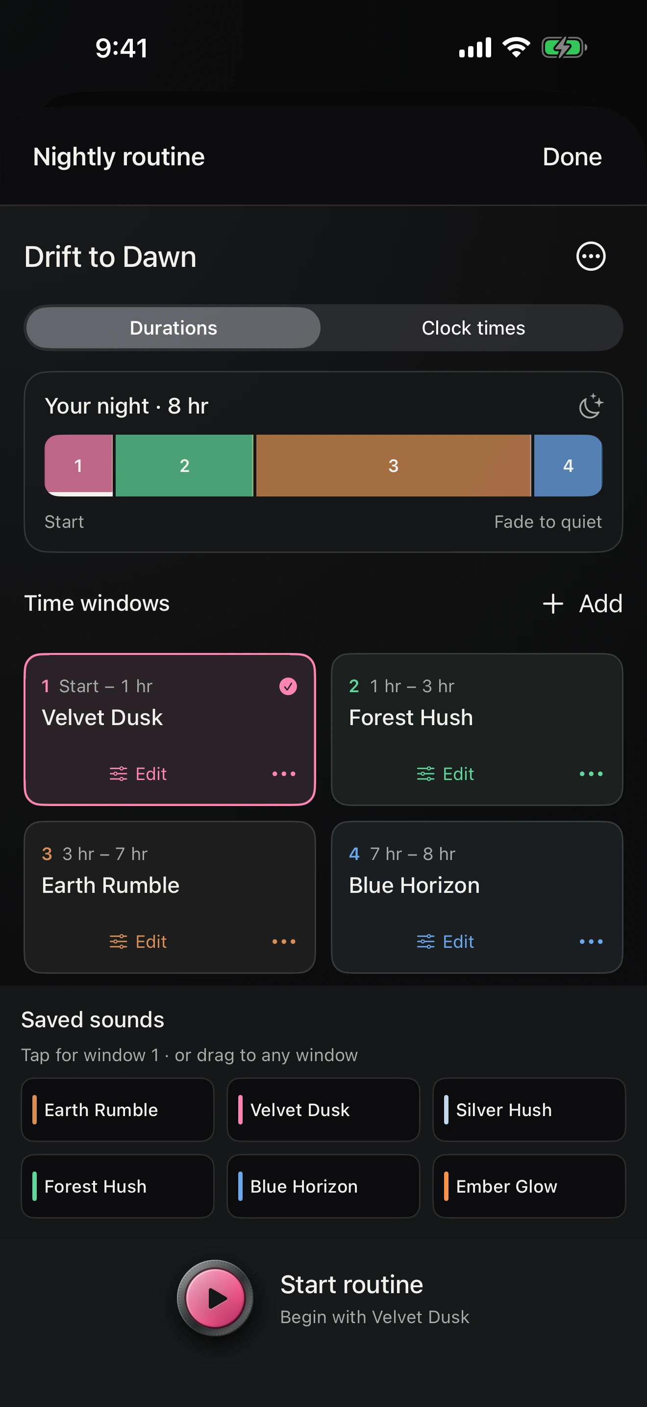 time windows and a whole-night timeline in the nightly routine builder