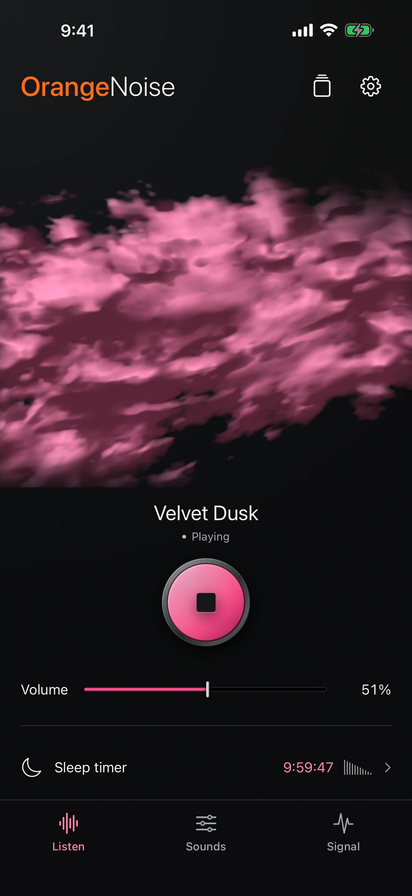 Pink Silver lining cloud visual on the native iPhone Listen screen