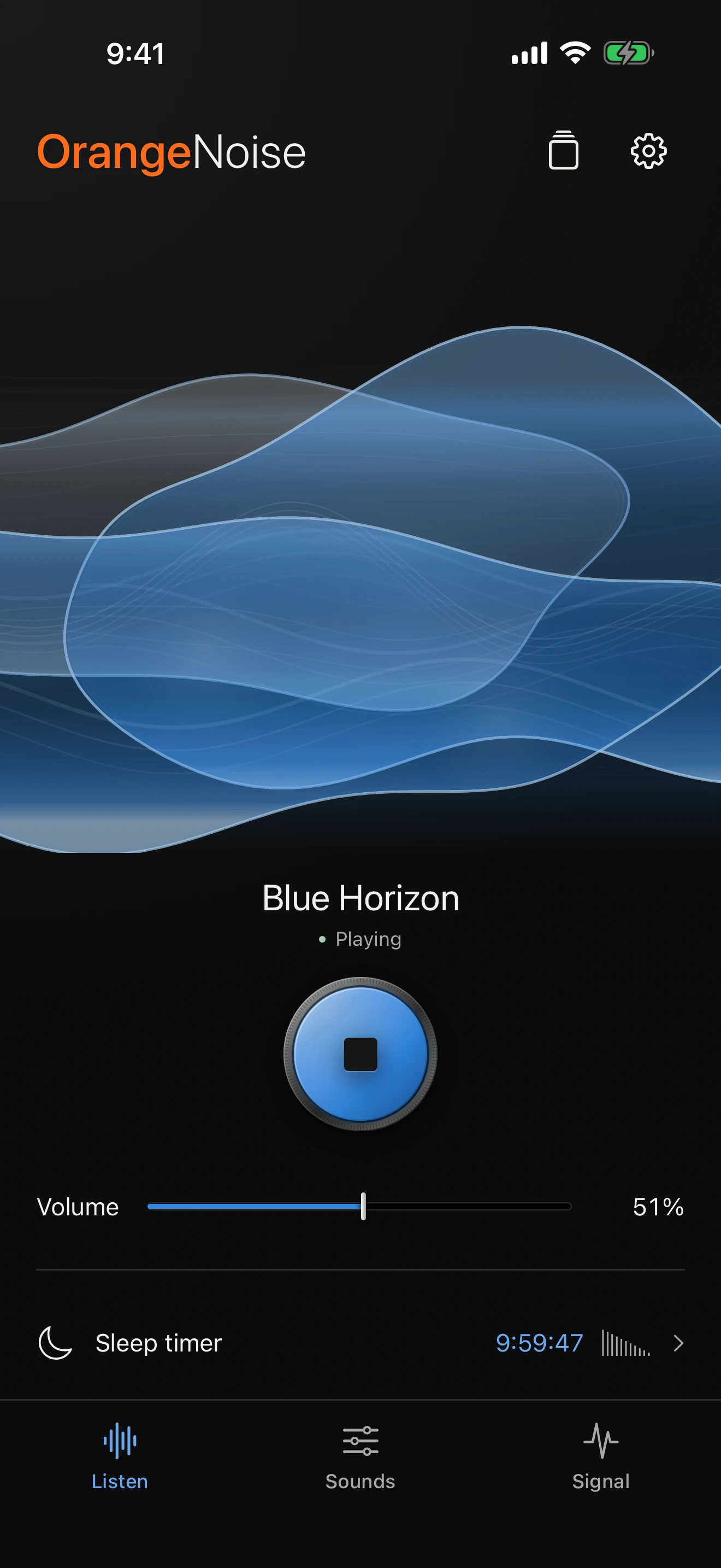 Blue Tidal glass flowing across the native iPhone Listen screen