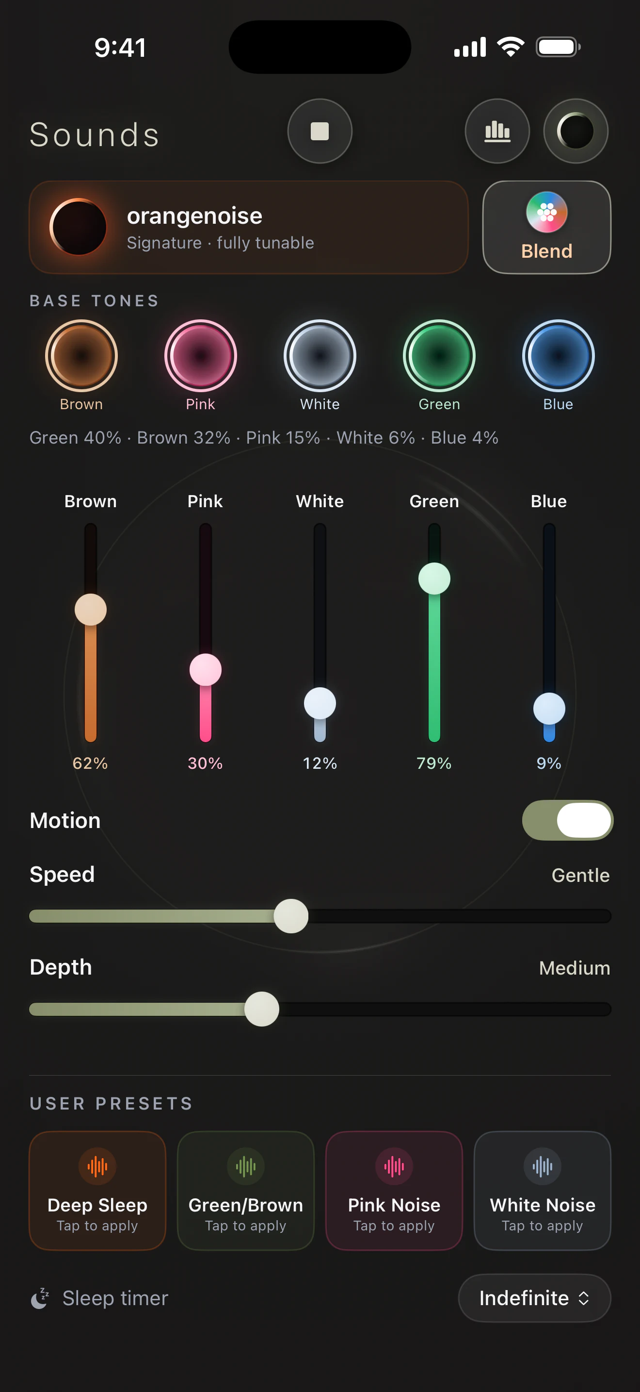 orangenoise Pro color blend with brown, pink, white, green, and blue noise faders