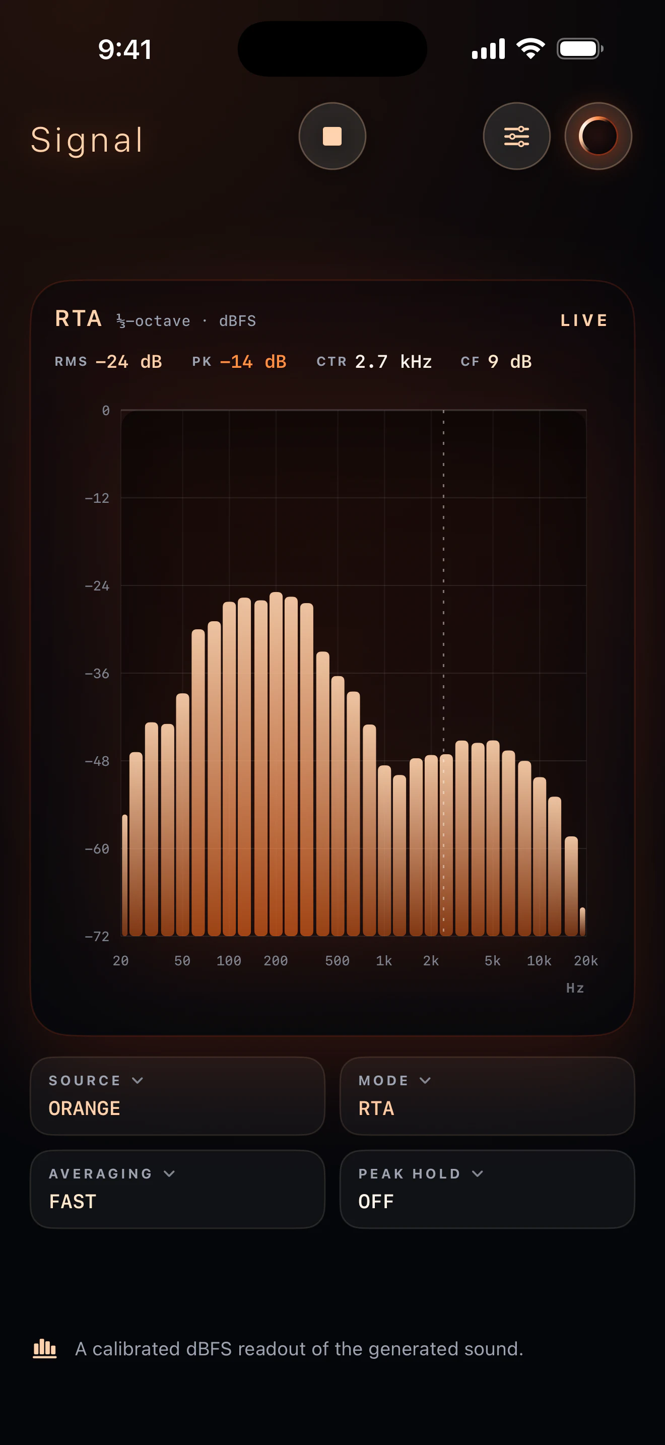 orangenoise Pro Signal screen showing a live real-time spectrum analyzer