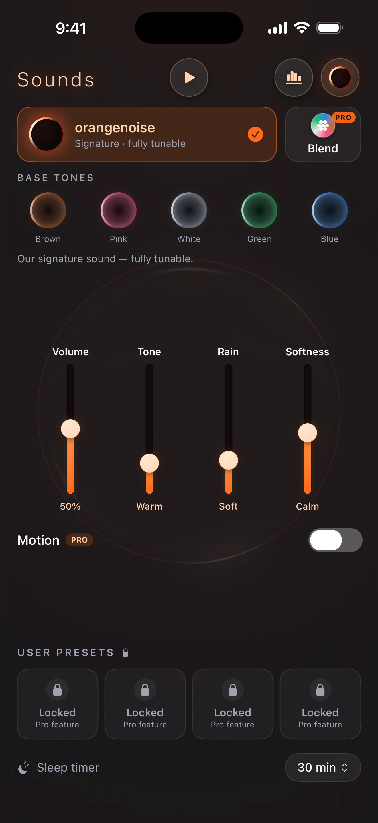 orangenoise included sound controls with faders, locked Pro features, and sleep timer