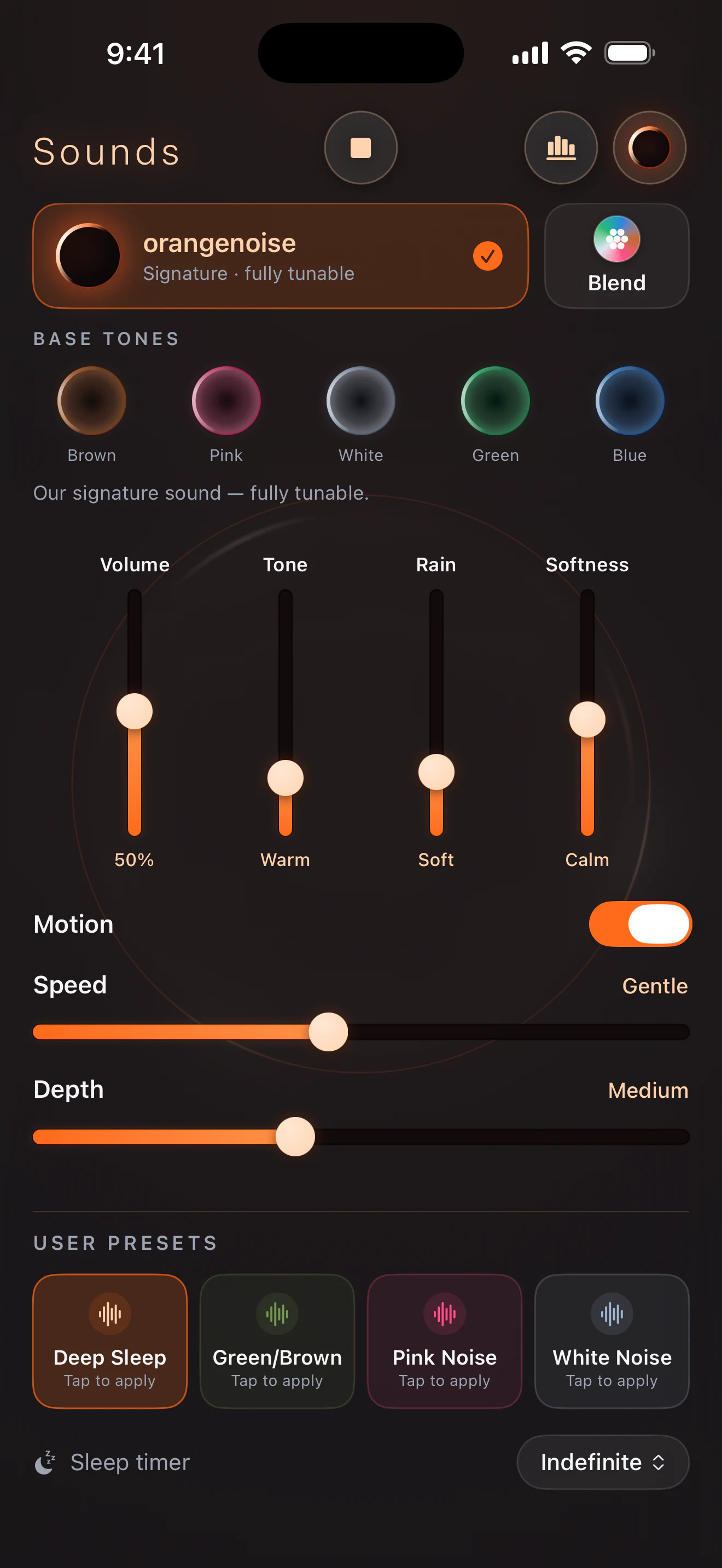 orangenoise Pro controls showing motion, speed, depth, presets, and an indefinite timer